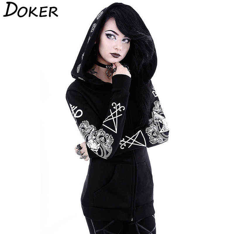 5XL Gothic Punk Print Hoodies Sweatshirts Women Long Sleeve Black Jacket Zipper Coat Autumn Winter Female Casual Hooded Tops 211108