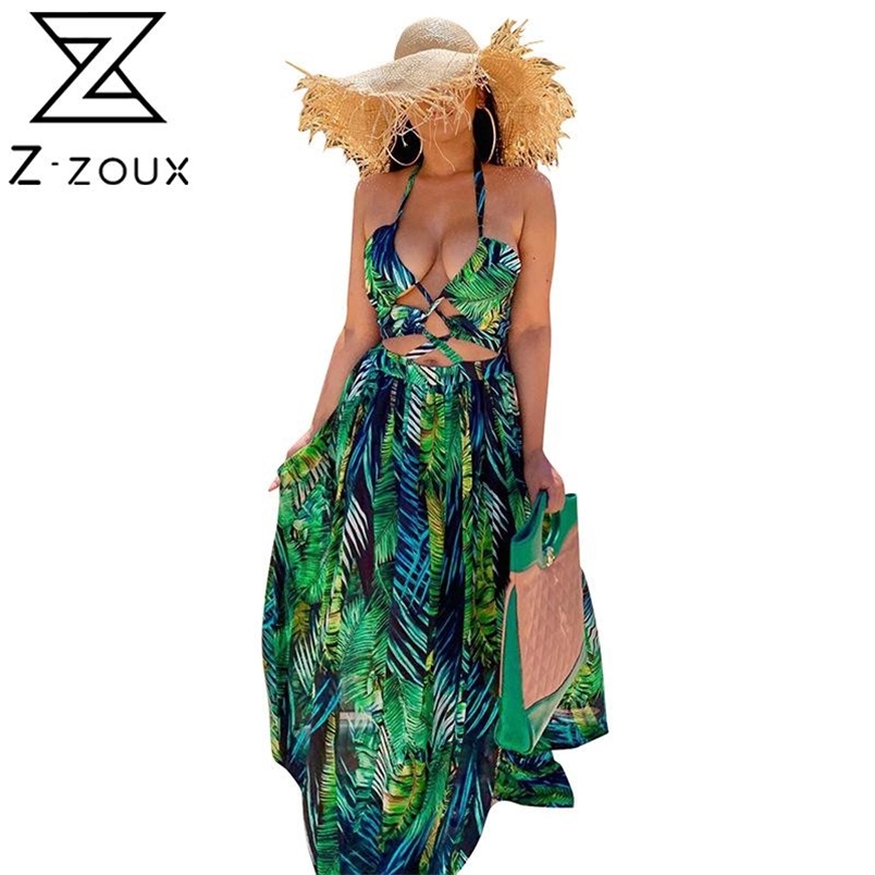 Women Dress Printed Bohemia es Sexy Long Print Floral Maxi Sleeveless Hollow Out Lace Up Split Beach es 210513
