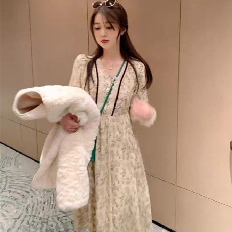 French Vintage Floral Dress Women Long Sleeve Lace V-Neck Elegant Dress Korean Sweet Flower Dress Female Spring 210521