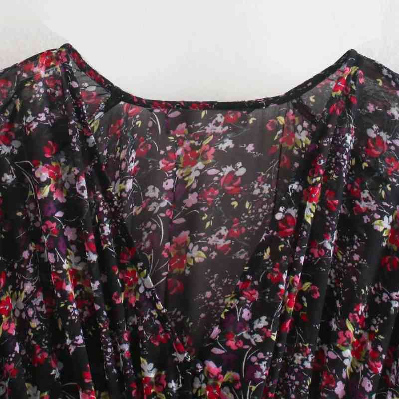 Women Floral Printing Chiffon V Neck Lantern Sleeve Midi Dress Female Loose Clothes Casual Lady Vestido D6693 210430Z