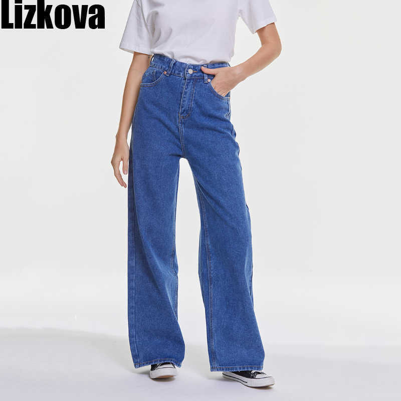 Lizkova Spring Blue Jeans Women High Waist Overlength Denim Mujer Pantalones Fashion Wide Leg Korean Style Trousers 210922