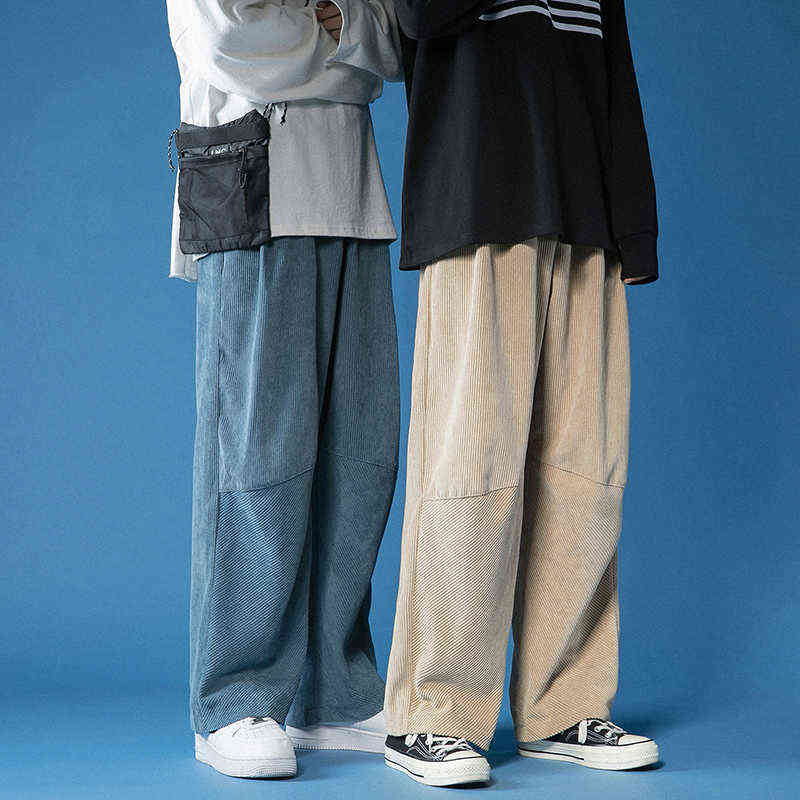Spring Casual Pants Men Japanese Retro Corduroy Trousers Fashion Elastic Waist Loose Straight Mens Sweatpant 211112
