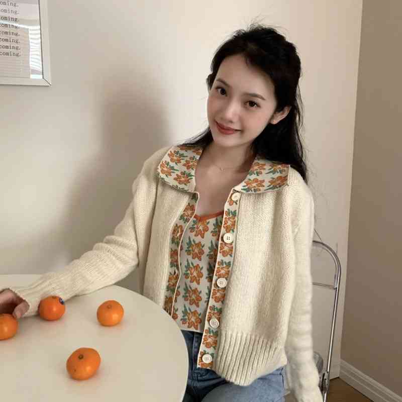 Sweaters Jumpers Floral Print Camisole Sexy Tops Retro Fashion Sweet Long Sleeve Peter Pan Collar Cardigan Flower Knitted Jacket 210429