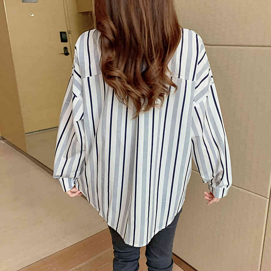 2XL Korean Large Size Vertical Striped Shirt Women Spring Autumn Retro Long Sleeve Work Shirt Elegant OL Blusa Plus Size 210412