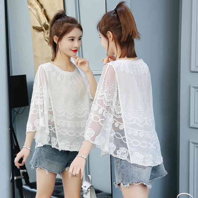Summer Blouse Women Blusas Mujer De Moda O-neck Embroidery Chiffon Blouse Shirt Women Tops Womens Tops And Blouses C926 210602