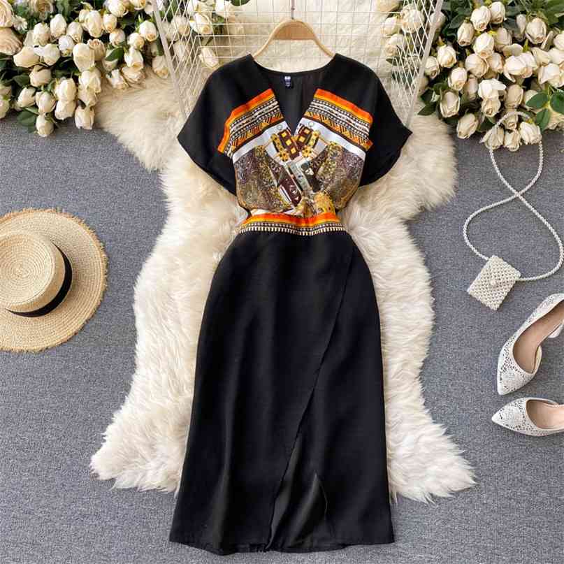 Fashion Women Summer Dress V-neck Short Sleeve Printing Elastic Waist Front Split Casual Office Lady Midi Work OL 210603, Black
Fashion Women Summer Dress V-neck Short Sleeve Printing Elastic Waist Front Split Casual Office Lady Midi Work OL 210603, Black