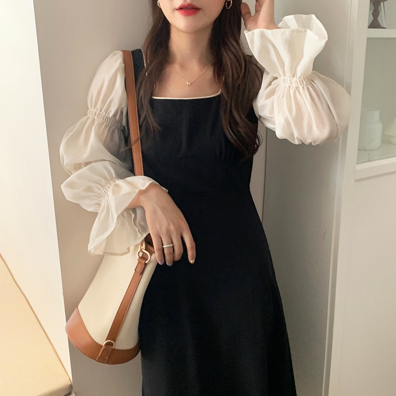Autumn Women Vintage Dress Puff Sleeve Patch High Waist Slim Elegant Hit Color Maxi Korean Fashion Clothes 210519