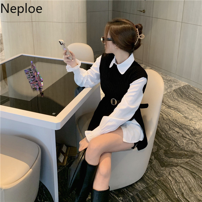 Neploe Spring Two-piece Set Fashiom Women Lantern Sleeve White Shirt Tops Knit Sweater Vest with Belted Femme 2 Piece Set 210422