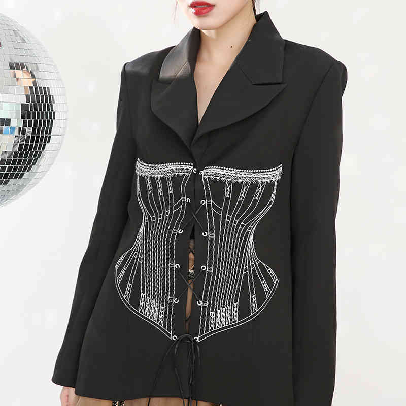 [EAM] Women Black Bandage Shaped Blazer Lapel Long Sleeve Loose Fit Jacket Fashion Spring Autumn 1DC4090 210512