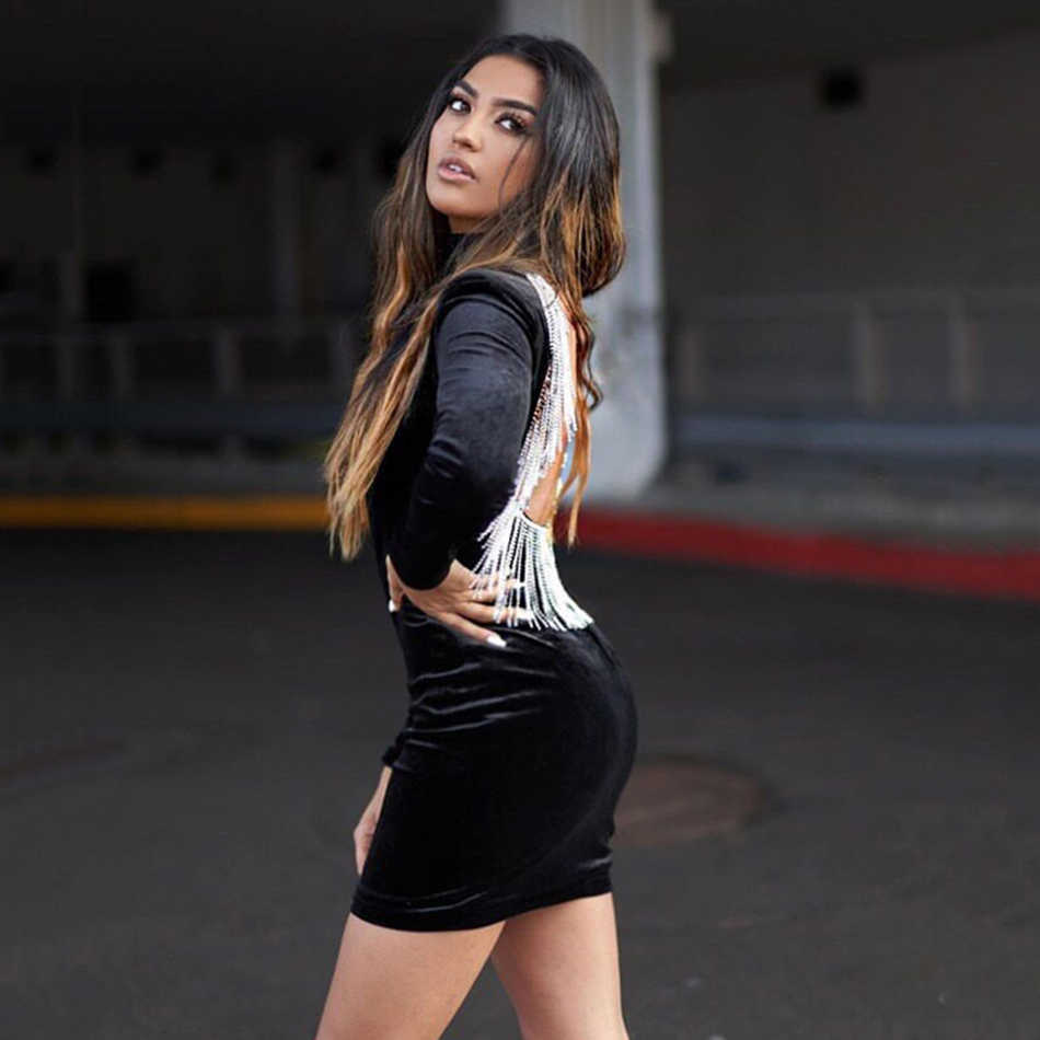 Free Velvet Dress Backless Beads Tassel Turtleneck Bodycon Celebrity Christmas Party Vestidos 210525