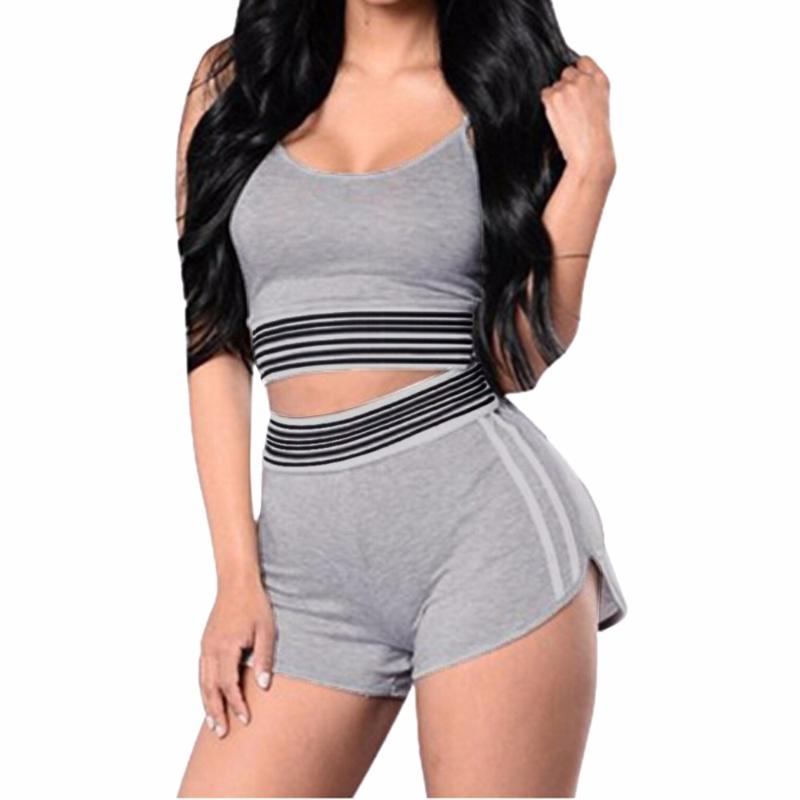 Women's Fashion Striped Sexy Sport Active Tank Top Shorts 2 Piece Female Set Tracksuit Sports Suit Jogging Femme Black Grey Two Dress