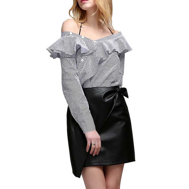 Spring Irregular Silm Blouses for Women Chic Backless Stripe Long Sleeve Shirts Fashion Ruffles Patchwork Female Tops 210525