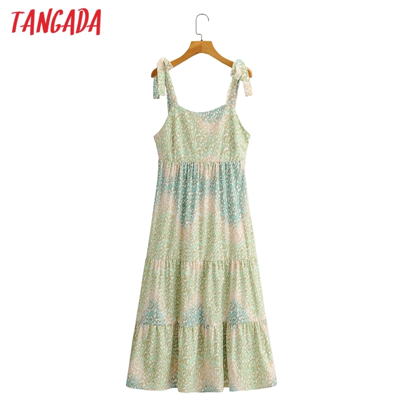 Fashion Women Colorful Leopard Print Summer Bow Sleeveless Holiday Ladies Midi Dress 1F188 210416