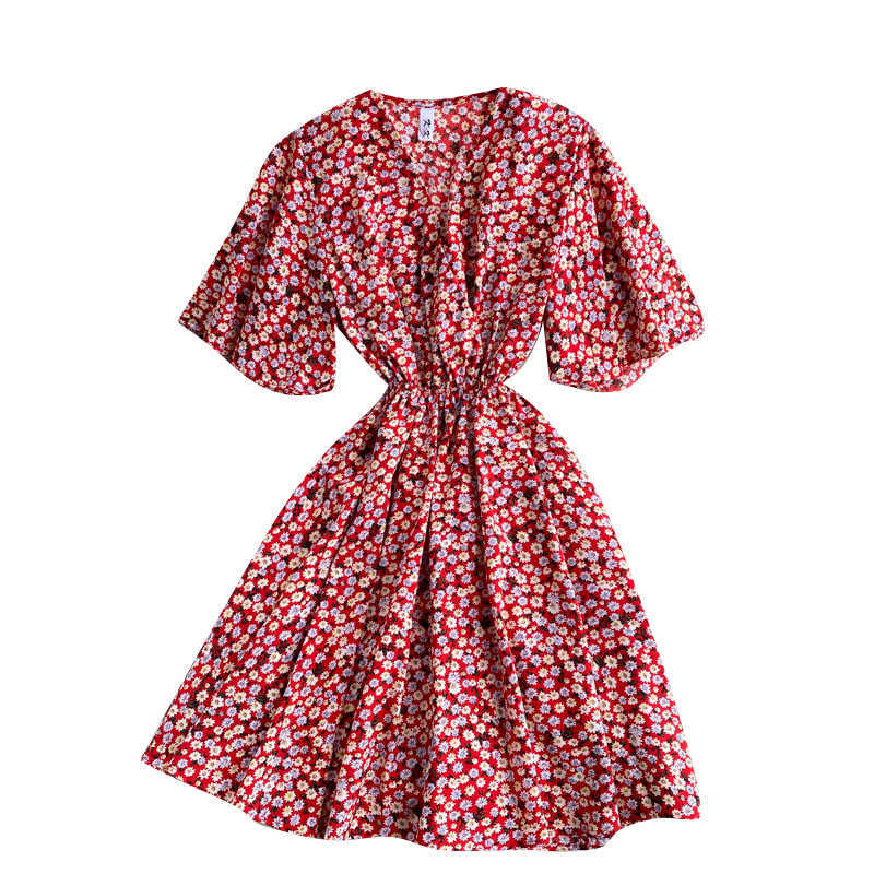 DEAT Women Printing Vacation Dress V-Neck Short Sleeve Arrivals Lady Temperament Fashion Spring Summer 11D582 210709