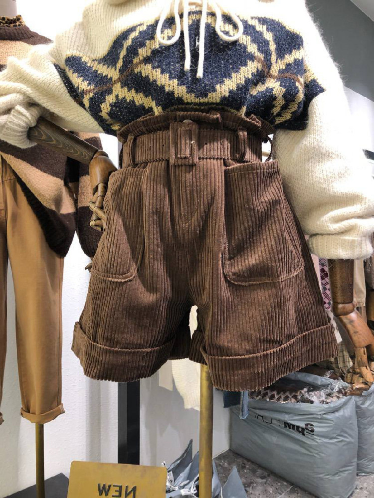 Nomikuma New Corduroy Women Shorts Korean Belt High Waist Wide Leg Short Causal Solid Autumn Winter Bottoms Femme 6D141 210427