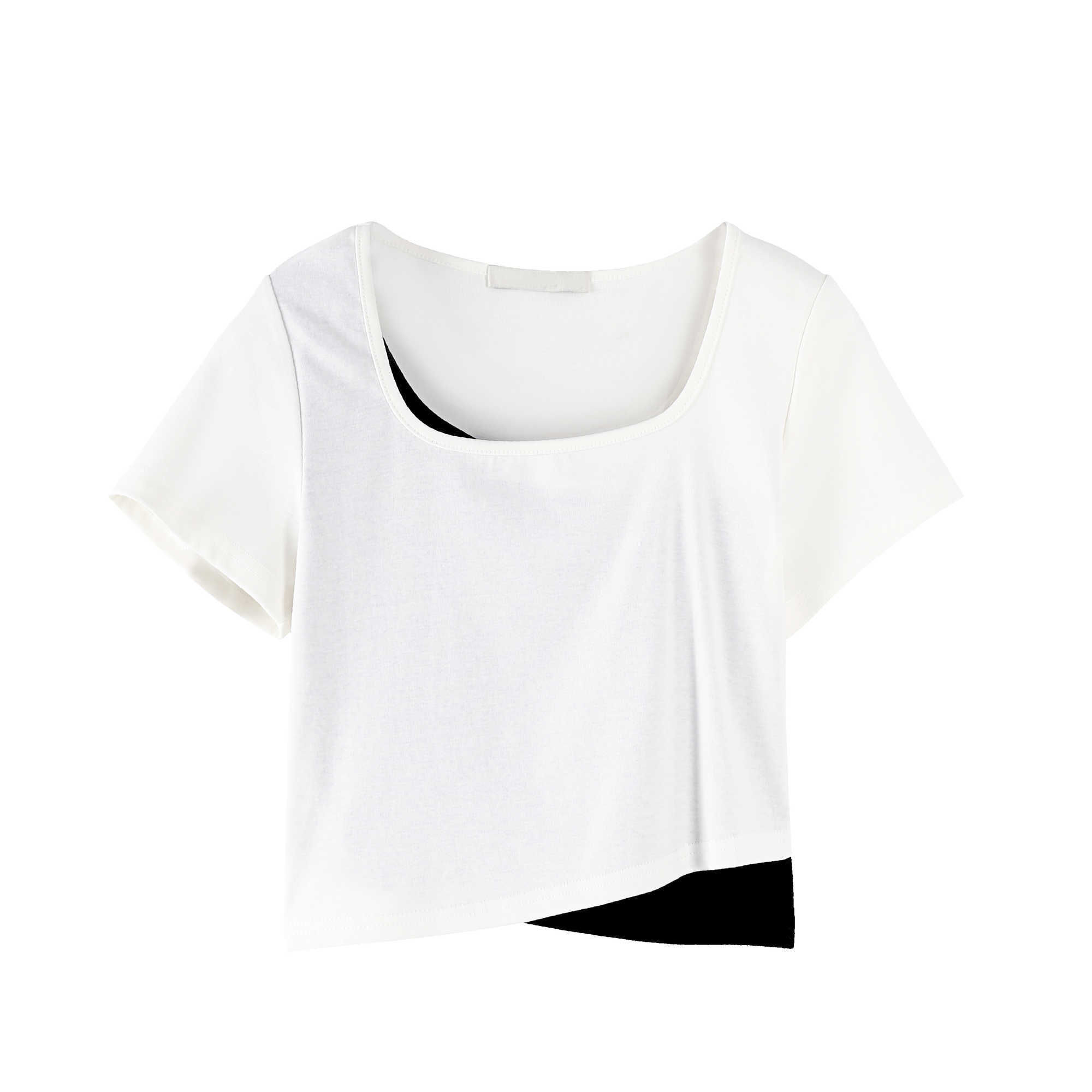 Casual Square Collar Short Sleeve T-shirt Women's Summer Design Slim Fake Two White Top 210615
Casual Square Collar Short Sleeve T-shirt Women's Summer Design Slim Fake Two White Top 210615