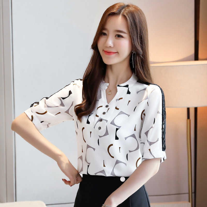 Korean Chiffon Women Blouses Shirts Woman Print Blouse Shirt Office Lady V Neck Top Plus Size Blusas Femininas Elegante 210531