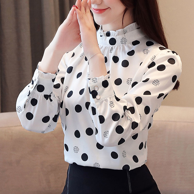 Autumn Fashion Women Chiffon Shirts Long Sleeve Polka Dot Blouses Casual Stand Collar Tops 6113 50 210506