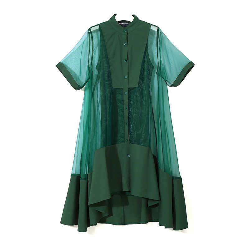 European and American Large Size Dress Summer Mesh Green Two-Piece Loose Long es 210615Z