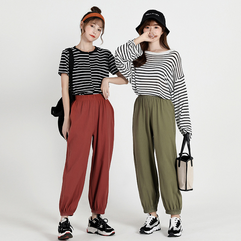 Summer Cotton and Linen Knickerbockers Women's Casual Sports Thin Radish Loose Solid Elastic Waist Harem Pants 210428