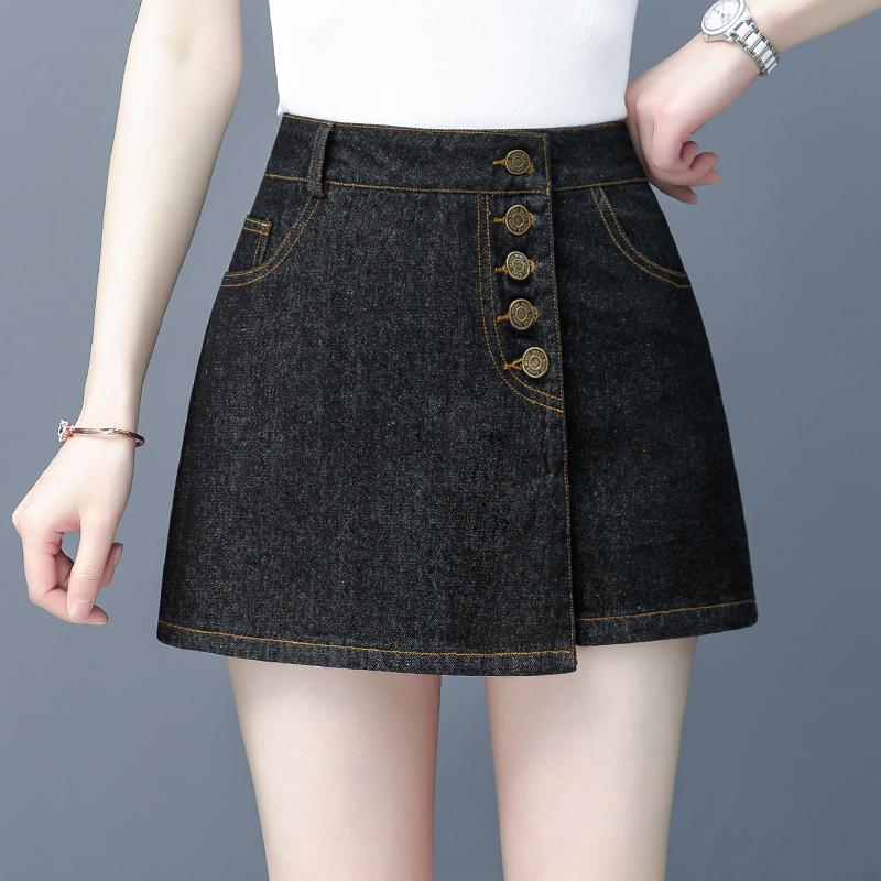 Summer 2021 Spring Womens Irregular Beige Black Denim Shorts Skirts , Korean Style Causal Button Jeans Skirt For Woman Women's