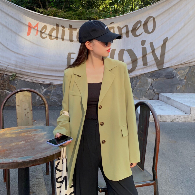Korean Green Large Size Brief Solid Outwear Coats Streetwear OL Blazers Chic Vintage All Match Loose Stylish Jackets 210421