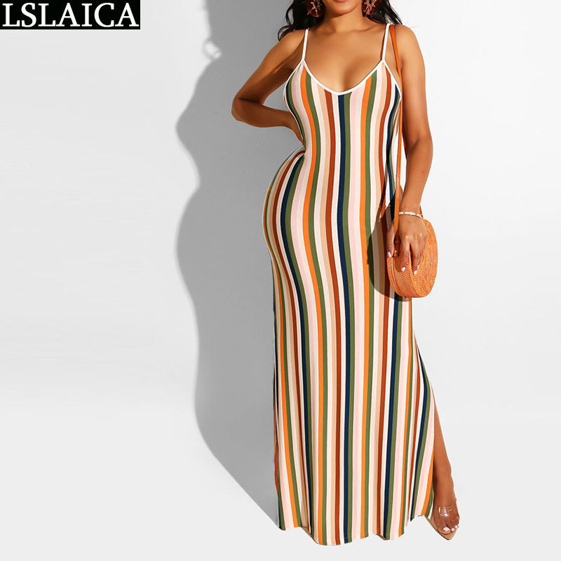 Sexy Dress Striped Print Backless Summer Sling Night Club Floor-Length Beach Style Hem Split Fashion Clothing Bohemian 210515