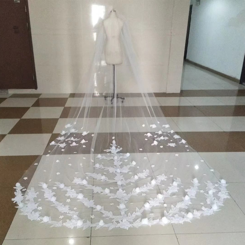 3D Floral Long Wedding Veil One Layer Tulle Appliques Vestido De Noiva White Custom Made Elegant Bridal Wraps with Comb