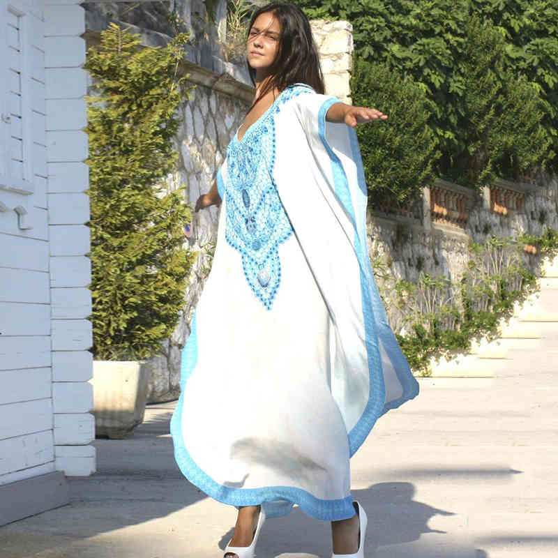 Oversize Cotton Beach Kaftan Women wear Cover ups Tunic Sarong Pareos de Playa Mujer Bikini Maxi Dress #Q773 210420