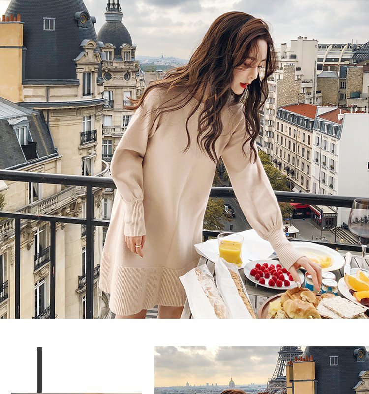 Spring Autumn Korea Dress Women Knitting Oversize fashion Midi Dress Lantern sleeve Fashion casual Sweater Dresses 210518