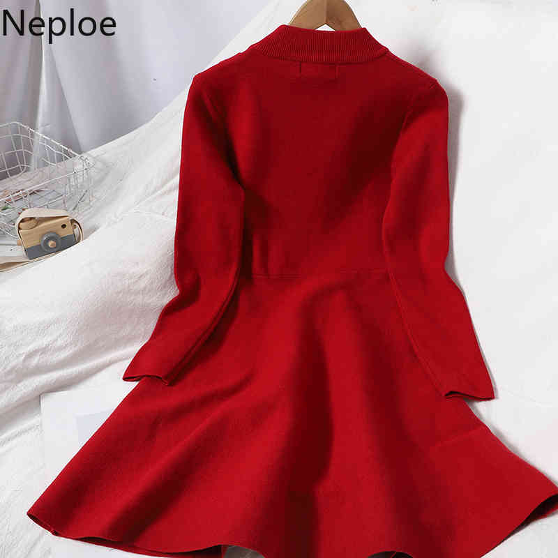 Neploe Knitted Elegant Woman Dress O-neck Single Breasted Vestidos Long Sleeve High Waist A-Line Slim Robe Dresses Women 4G943 210422