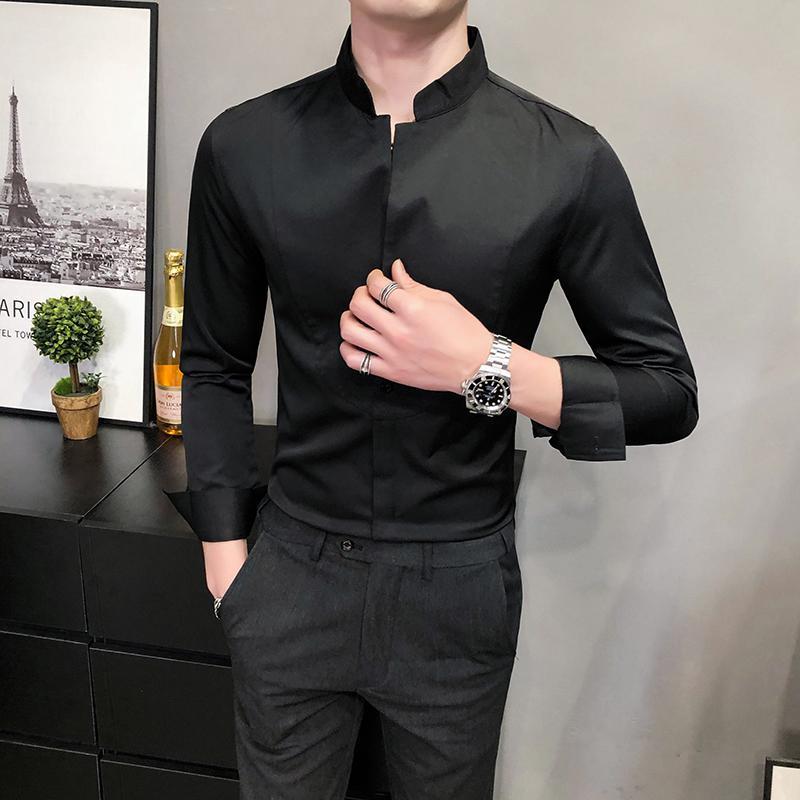 Vintage Stand Collar White Classic Shirts Mens Wedding Dress Retro British Style Fitted Party Mandarin Men's Casual