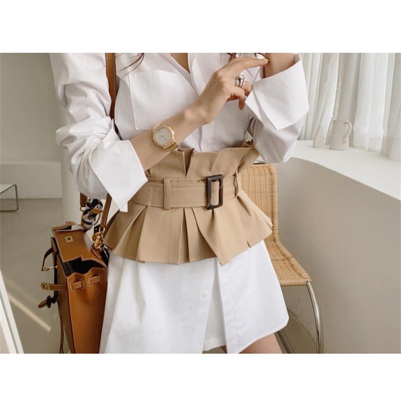 Korean Elegant Fashion Women Two Piece Set Vintage White Lapel Long Sleeve Office OL Shirt Mini Dress With Khaki Girdle 210519