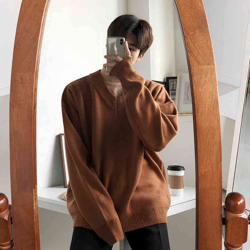 IEFB Loose V-Neck Sweater Men's Fashion Autumn Winter Korean Trend Thickened Bottomed Kintwear Oversized Clothes Male 9Y4492 210524