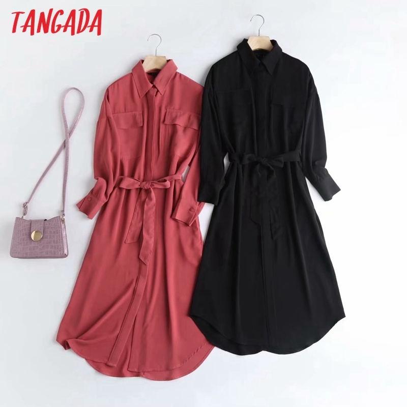 Fashion Women Elegant Solid Shirt High Quality Long Sleeve Ladies Midi Dress Vestidos 4C58 210416