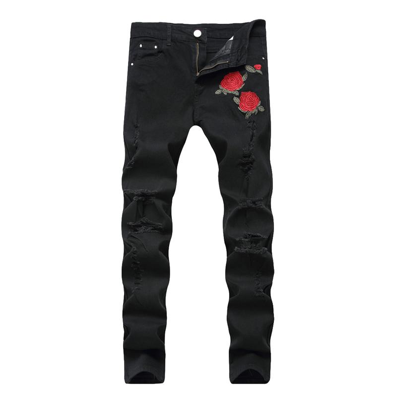 Mens Ripped Jeans Embroidery Rose Men Light Blue Slim Fit Stretch Denim Skinny Black Pants Wash Straight 42 Men's