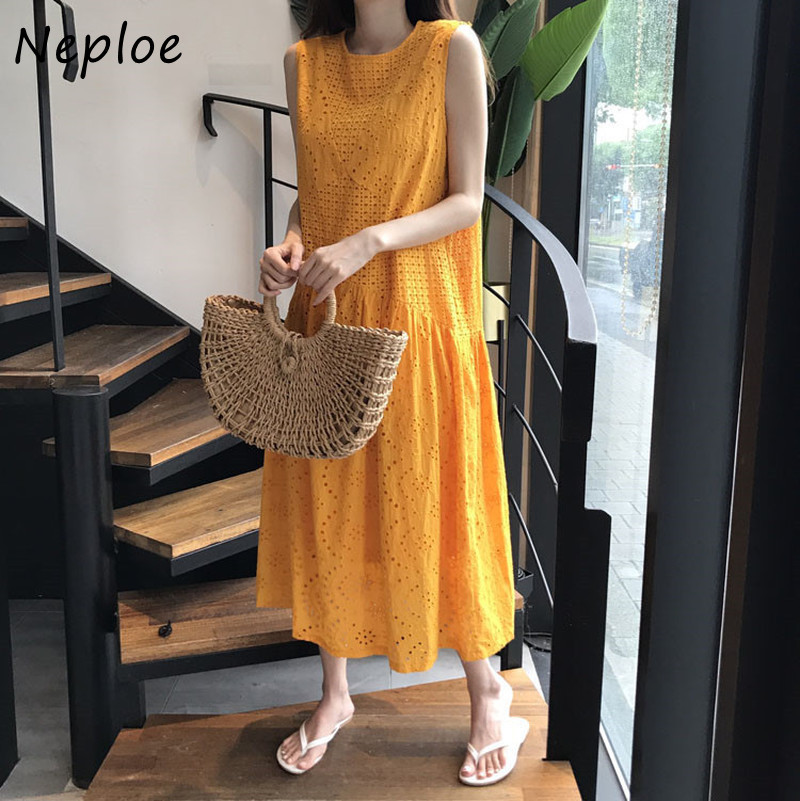 Chic French Retro Ladies Dress Round Neck Sleeveless Hollow Loose Dresses Women Summer Fashion Vestidos 1F468 210422Z