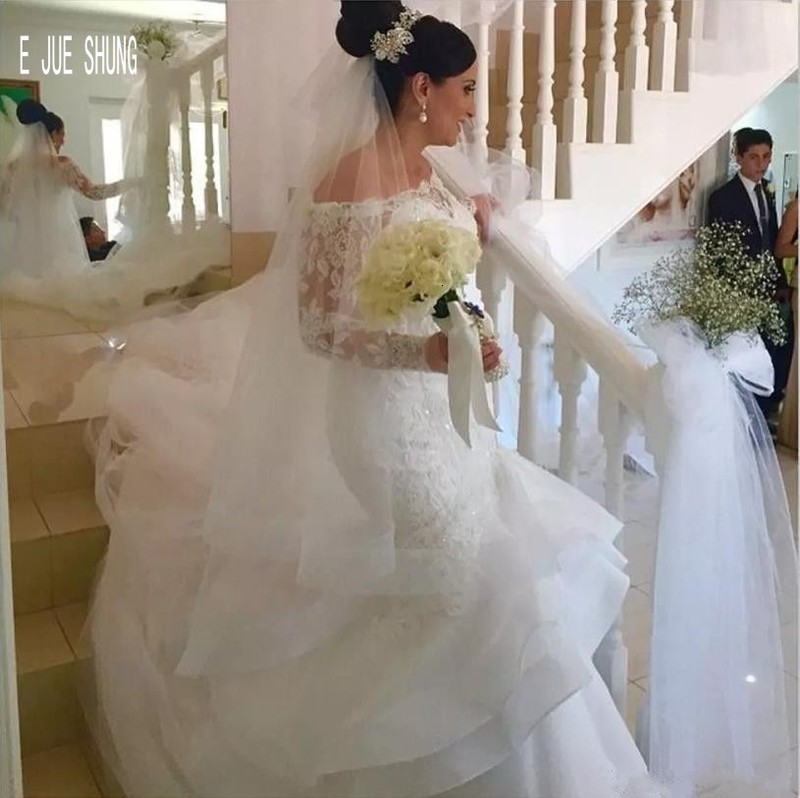 E JUE SHUNG White Organza Lace Appliques Mermaid Dresses Off the Shoulder Long Sleeves Wedding Gowns robe de soiree