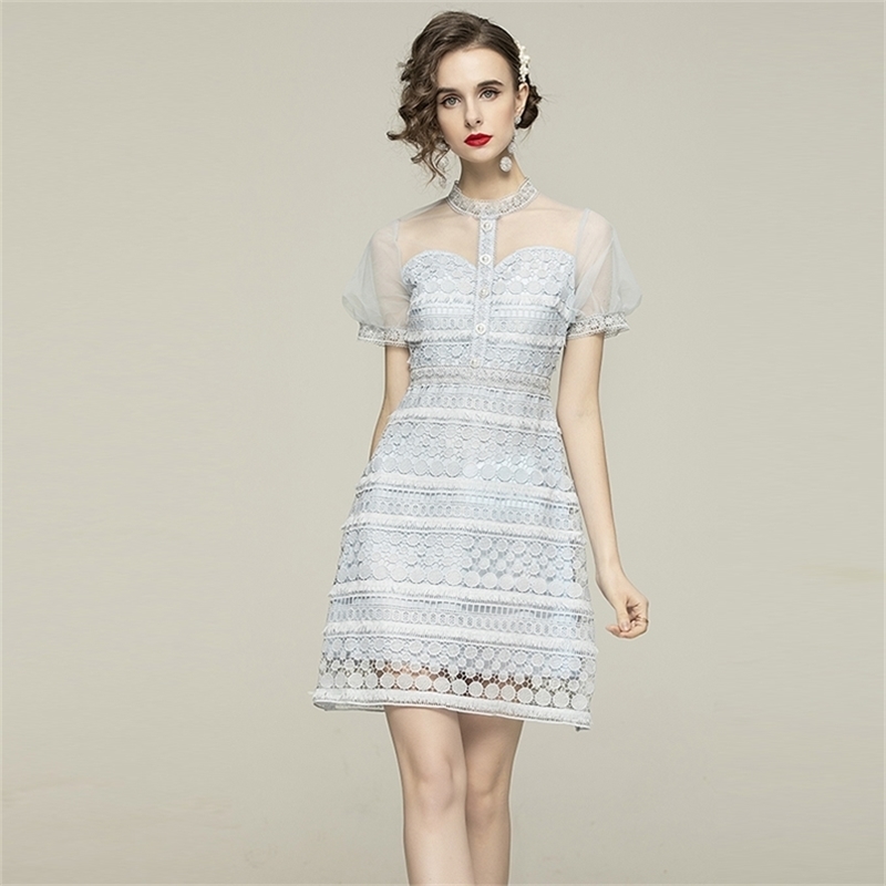 Women' Summer Short Lace Dress Mesh splicing Stand collar Pearl button Hollow Tassel Sweet Light Blue Dresses 210602, Sky blue
Women' Summer Short Lace Dress Mesh splicing Stand collar Pearl button Hollow Tassel Sweet Light Blue Dresses 210602, Sky blue
