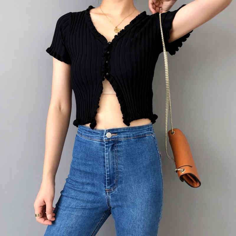 Sexy black knitted cardigan women crop sweater v neck ruffle cropped casual korean spring 210521