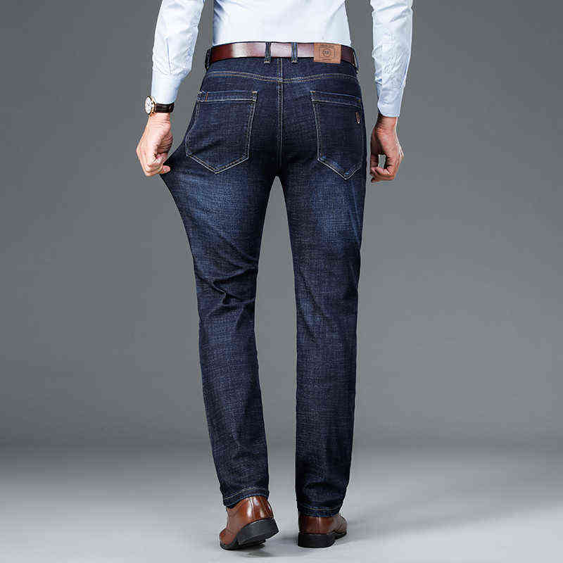 Men's Classic Relaxed Fit Flex Jean spring autumn Four Seasons High waist Business casual black blue denim trousers 211120