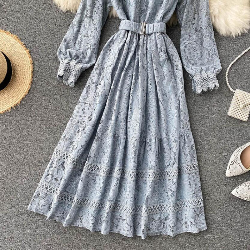 Elegant Stand Collar Women Lace Dress Sweet Hollow Out Slim Long Sleeve Midi Long Dress Spring High waist Party Vestidos 210521