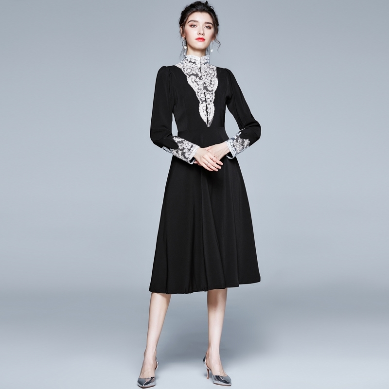 Fashion Runway Long Dresses Women's Full Sleeve Lace Patchwork Vintage Elegant Black Party Vestido Da Festa 210520