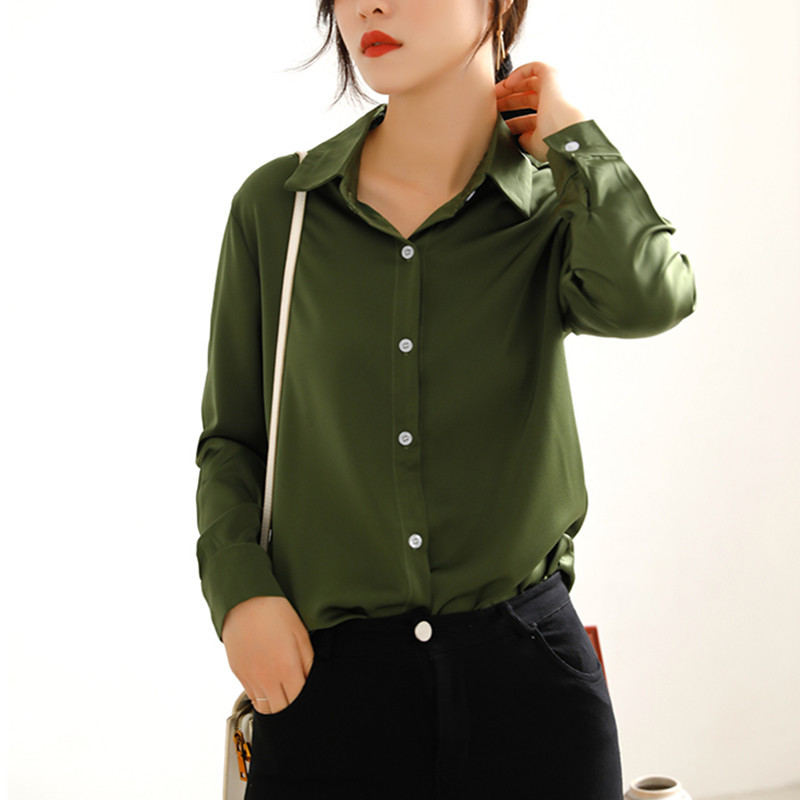 OL Elegant Career Slim Fit Basic Shirt Autumn Tops Lapel Solid Long-sleeved Formal Chiffon Blouses Woman Clothes 210421