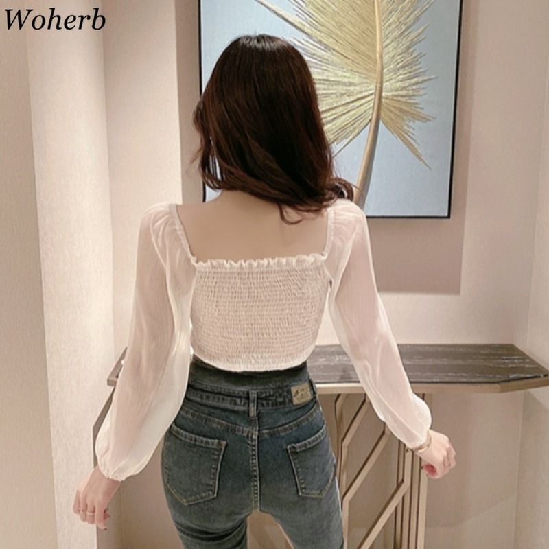 Women Square Collar All-Match Blouse Sexy Crop Tops Elegant Chic Puff Sleeve Feminine Casual Blusas 210519