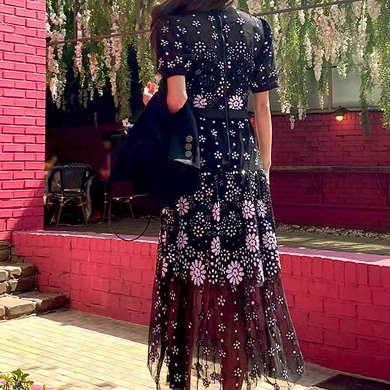 HMA New Runway Summer Self Portrait Dress Women Short Sleeve Embroidery Floral Mesh Vintage Ruffles Party Vestidos 210409