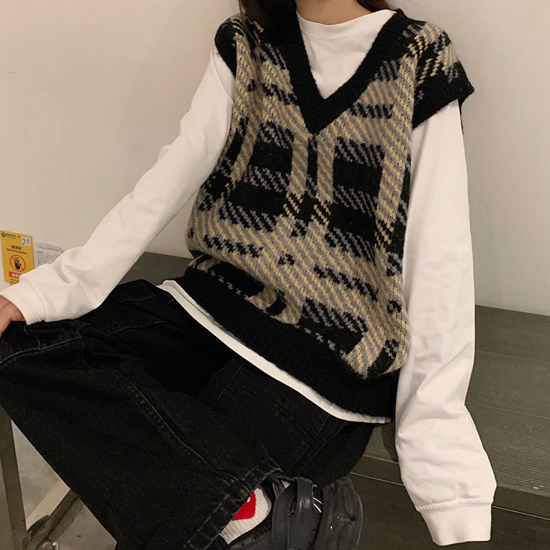 2Colors Spring and Autumn Harakuju knitted v neck twist plaid sweaters womens sweaters and pullovers womens (X1852) 210423