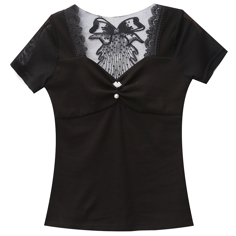 Fashion Tops Summer Solid Cotton Casual Women T-shirt Sexy V-neck U-Back Hollow Out Slim Fit Short-sleeve Tees 8657 50 210427