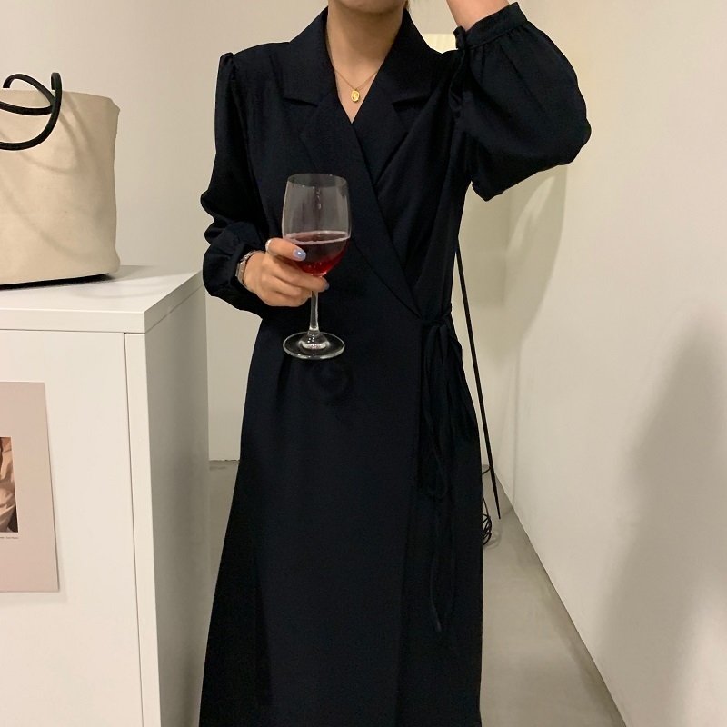 Women Suit Dress Minimalist Autumn Vintage Elegant OL Work Notched Lace-up Long es Female Vestidos 210421