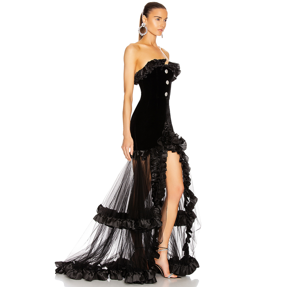 Summer Women Strapless Lace Bandage Maxi Dress Sexy Sleeveless Ruffles Club Celebrity Evening Runway Party 210423